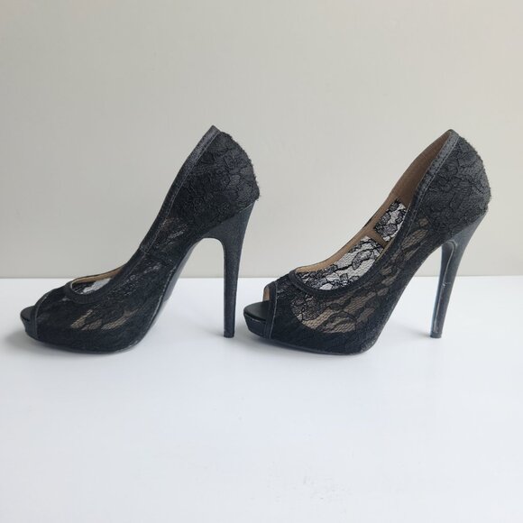 deb Size 6 Black Partial See-Through Lace Simple Pumps Stiletto Heel Peep Toe - Picture 3 of 9